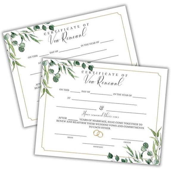 Vow Renewal Certificate Set 6pk Gold Greenery Design