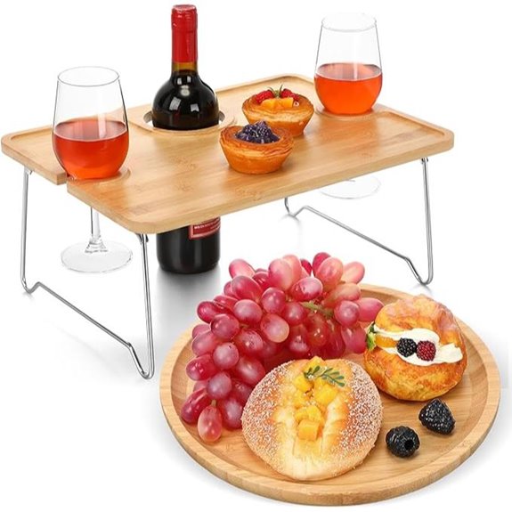 Foldable Bamboo Picnic Wine Table with Plate Set