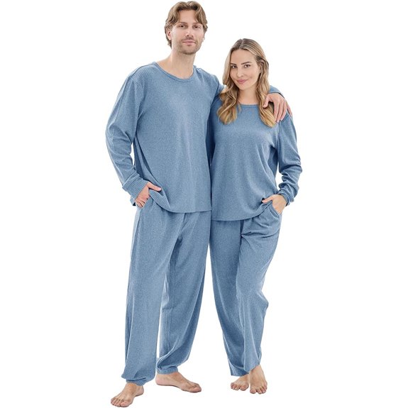Ribbed Knit Couple Pajamas Set—Long Sleeve & Wide Pants